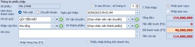 Thông tin phiếu Nhập kho từ Nhà cung cấp